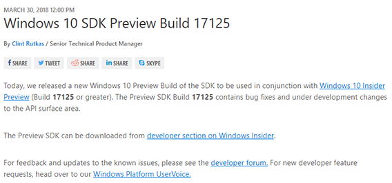 微軟發布Windows 10 SDK預覽版Build 17125下載